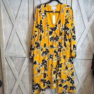 Lane Bryant 26/28 Yellow and Black Floral Long Sleeve Dress